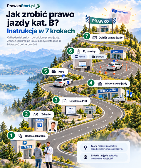 Siedem kroków do prawa jazdy kat. B: badanie, zdjęcie, PKK, wybór szkoły, kurs, egzaminy i odbiór dokumentu.