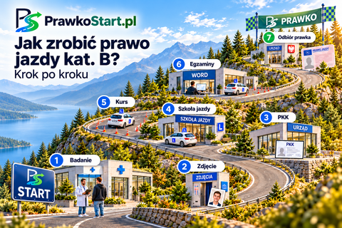 Jak zrobić prawo jazdy kat. B krok po kroku — górska droga PrawkoStart.pl od STARTU do PRAWKA: badanie, zdjęcie, PKK, szkoła jazdy, kurs, egzaminy i odbiór dokumentu.
